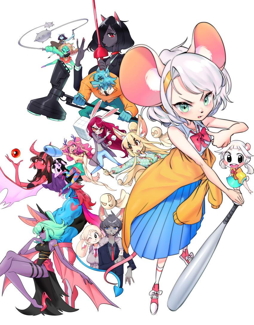absurdres animal_ears arm_around_shoulder arm_cannon baseball_bat bat_ears bat_girl black_dress black_hair blonde_hair blue_skirt bow bowtie cardigan cardigan_around_waist clothes_around_waist colored_skin demon_girl demon_horns demon_tail dress fighting_stance flail furry furry_female furry_male green_eyes hair_bun hairband hammer high_heels highres holding holding_baseball_bat holding_weapon horns mouse_ears mouse_girl multiple_boys multiple_girls necktie orange_suit original pink_bow pink_bowtie pleated_skirt rabbit_ears rabbit_girl rapier red_eyes red_footwear red_hair red_skin rusur serious simple_background skirt sledgehammer sword tail teruterubouzu wand weapon white_background white_hair yellow_hairband