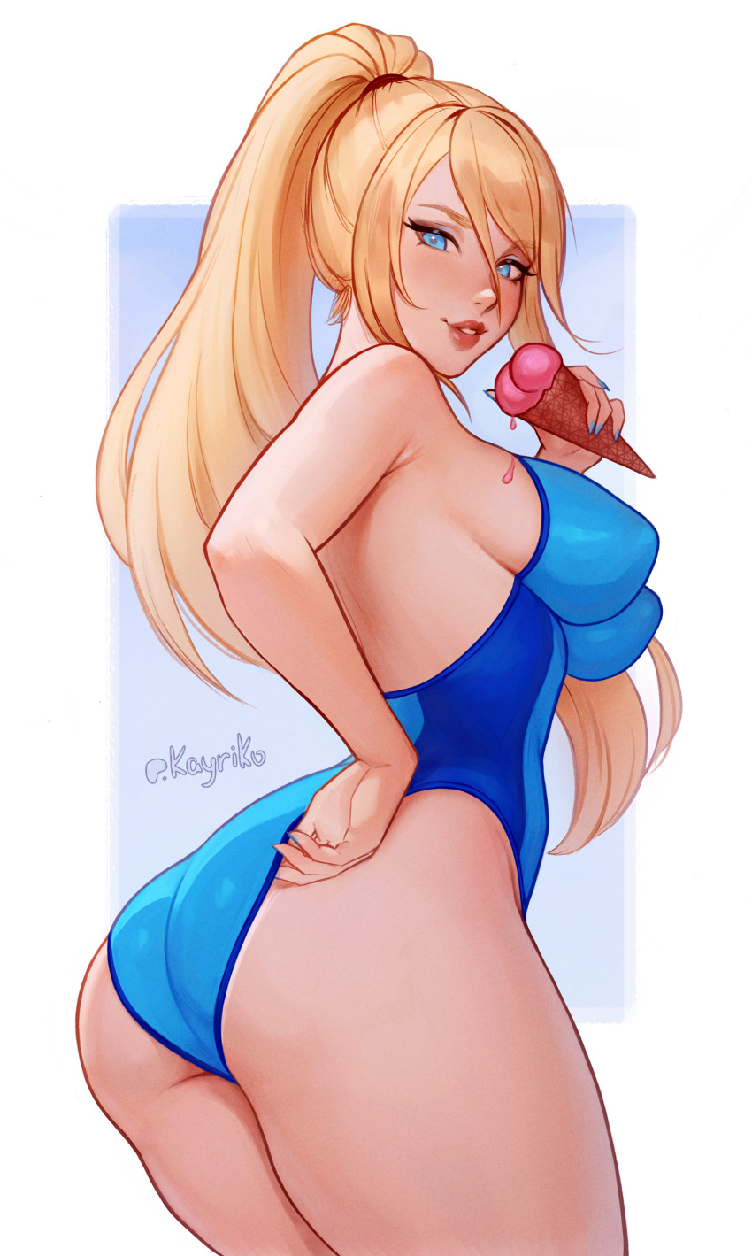 1girl absurdres armpit_crease ass blonde_hair blue_eyes blue_one-piece_swimsuit breasts cowboy_shot high_ponytail highres holding holding_ice_cream_cone ice_cream_cone kayav large_breasts long_hair looking_at_viewer looking_back metroid nintendo one-piece_swimsuit parted_lips ponytail samus_aran solo swimsuit very_long_hair