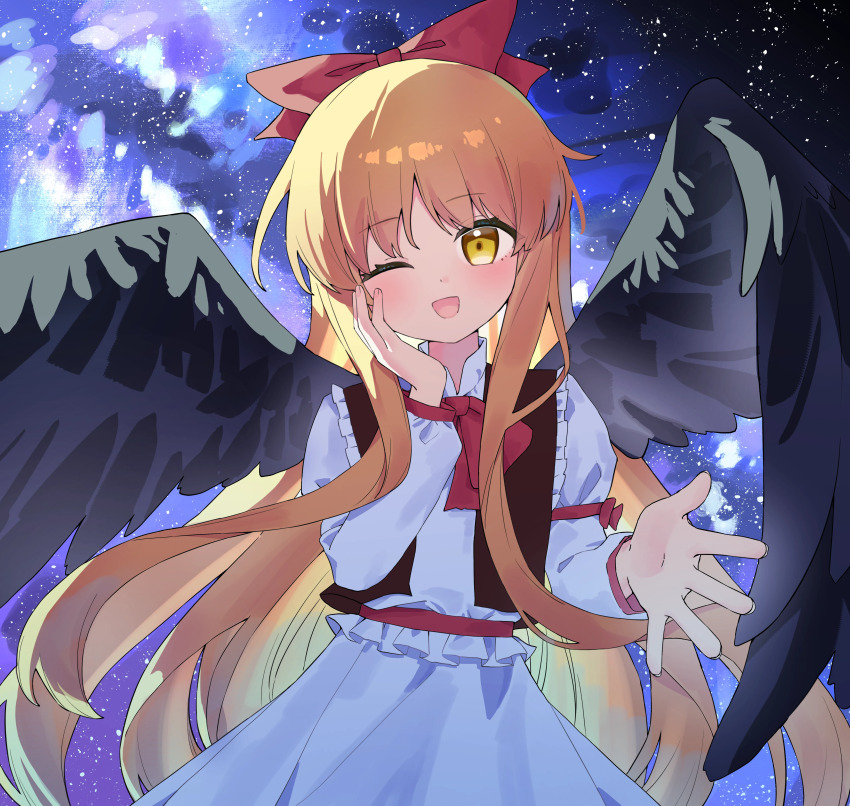 1girl absurdres alternate_wing_color black_wings blonde_hair blush bow bowtie commentary feathered_wings fingernails gengetsu_(touhou) hair_bow highres kitahara_(pixiv_19528441) long_hair long_sleeves looking_at_viewer one_eye_closed open_mouth red_bow red_bowtie shirt skirt smile solo touhou touhou_(pc-98) very_long_hair white_shirt white_skirt wings yellow_eyes