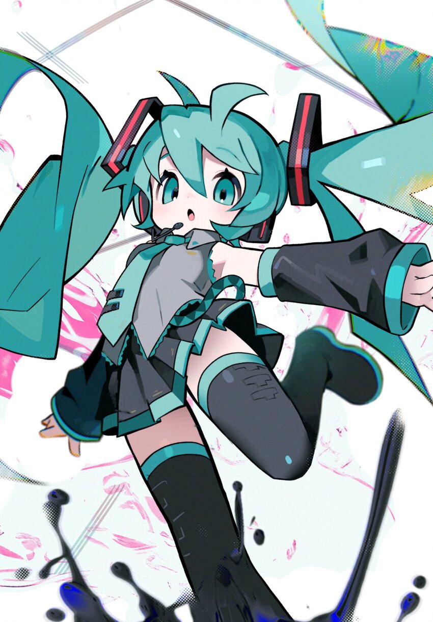 1girl absurdres aqua_eyes aqua_hair aqua_necktie black_boots black_skirt black_sleeves boots breasts collared_shirt commentary detached_sleeves english_commentary floating_hair grey_shirt hair_between_eyes hatsune_miku headphones headset highres leg_up long_hair looking_at_viewer morizo_(morizoshop) necktie pleated_skirt shirt skirt sleeveless sleeveless_shirt small_breasts solo thigh_boots twintails very_long_hair vocaloid
