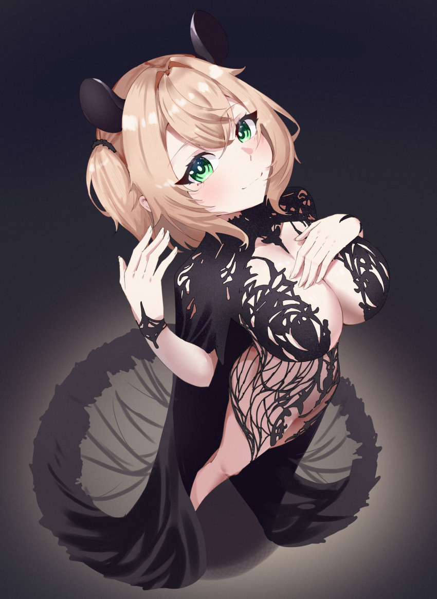 1girl animal_ears black_cape black_dress blonde_hair breasts cape chronopattern_dress cleavage closed_mouth commentary dress english_commentary full_body green_eyes grey_background hair_between_eyes hand_on_own_chest hand_up highres indie_virtual_youtuber large_breasts looking_at_viewer looking_up meme_attire nimi_nightmare one_side_up pyrokuro simple_background smile solo standing tapir_ears tapir_girl virtual_youtuber