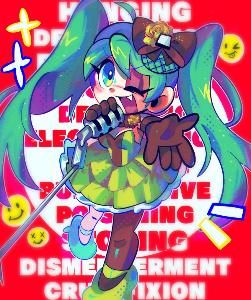 1girl aqua_eyes aqua_hair black_gloves bow breasts choker cleavage commentary dress english_commentary english_text fang frilled_dress frills gloves hair_bow hatsune_miku highres holding holding_microphone kochira_koufuku_anshin_iinkai_desu_(vocaloid) long_hair looking_at_viewer lyrics microphone one_eye_closed open_mouth outstretched_arm outstretched_hand petzcatz2 hatsune_miku_(siren) smiley_face solo standing standing_on_one_leg twintails very_long_hair vocaloid yellow_dress