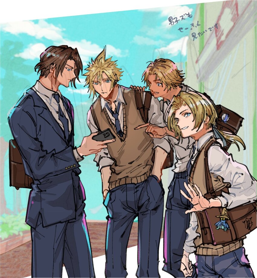 4boys bag black_mage_(final_fantasy) blonde_hair blue_eyes blue_jacket blue_necktie blue_pants brown_background brown_hair brown_sweater_vest character_charm charm_(object) cloud_strife collared_shirt cowboy_shot final_fantasy final_fantasy_ix final_fantasy_vii final_fantasy_viii final_fantasy_x hair_between_eyes hand_on_another&#039;s_shoulder hands_in_pockets highres holding holding_phone jacket low_ponytail male_focus multiple_boys necktie open_mouth outdoors pants parted_bangs parted_lips phone ponytail scar scar_on_face scar_on_forehead school_uniform shio_ga shirt short_hair shoulder_bag sketch sleeves_rolled_up smile spiked_hair squall_leonhart sweater_vest tidus vivi_ornitier waving white_shirt zidane_tribal