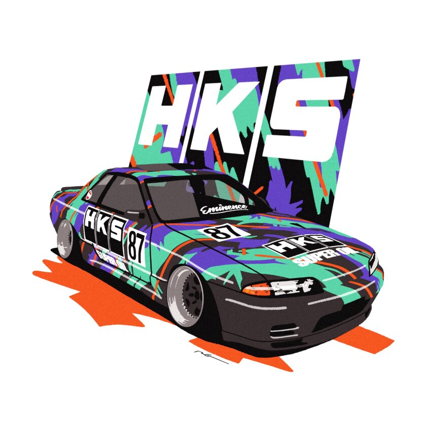 car commentary highres hks motor_vehicle nissan nissan_skyline nissan_skyline_gt-r nissan_skyline_r32 original race_vehicle racecar shadow signature stance_(vehicle) symbol-only_commentary vehicle_focus wang-tang_(_lose_control)