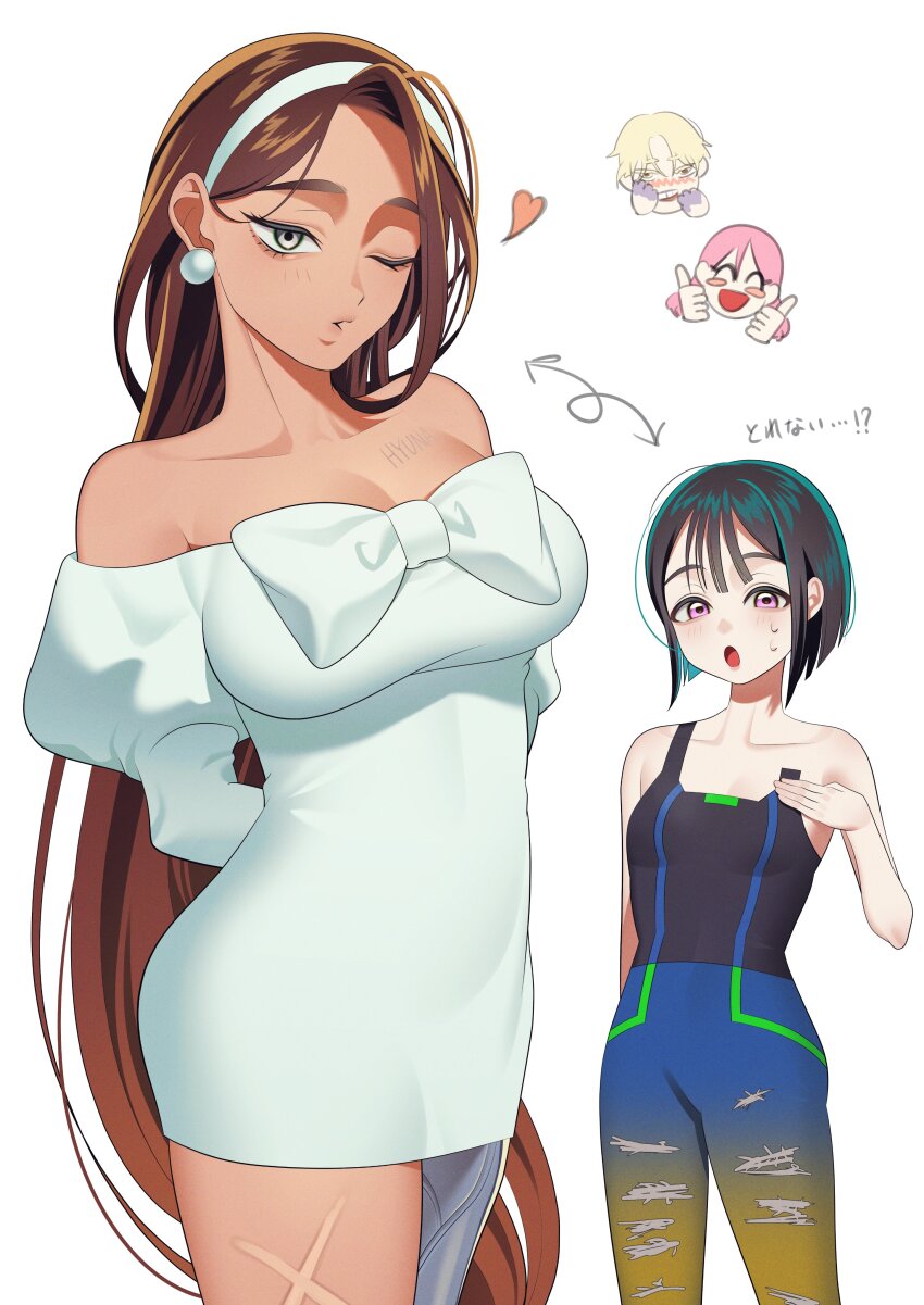 1boy 3girls :o absurdres alien_stage arms_behind_back bare_shoulders black_tank_top blue_pants bob_cut breasts brown_hair chest_tattoo commentary_request cosplay costume_switch cross_scar double_thumbs_up dress earrings gradient_pants grey_eyes hairband heart highres hyuna_(alien_stage) jewelry juliet_sleeves large_breasts long_hair long_sleeves luka_(alien_stage) mizi_(alien_stage) multiple_girls off-shoulder_dress off_shoulder one_eye_closed pants pearl_earrings pencil_dress prosthesis prosthetic_leg puffy_sleeves purple_eyes scar scar_on_leg short_hair single_strap small_breasts sua_(alien_stage) tank_top tattoo thumbs_up torn_clothes torn_pants translation_request two-tone_pants very_long_hair white_hairband yellow_pants yt7lkhimeo6t7lv