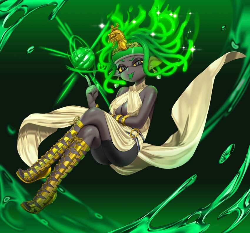 1girl :p absurdres bare_shoulders black_eyes black_shorts black_skin blunt_bangs boots booyah_bomb_(splatoon) bracelet breasts cleavage closed_mouth colored_sclera colored_skin colored_tongue commission criss-cross_halter dress earrings forked_tongue full_body glowing glowing_hair green_hair green_tongue halter_dress halterneck headpiece highres horrorboros index_finger_raised inkling inkling_girl inkling_player_character invisible_chair jewelry knee_boots large_breasts long_dress long_hair looking_at_viewer nintendo pointy_ears puchiman second-party_source shorts shorts_under_dress side_slit sitting snake_hair solo splatoon_(series) tentacle_hair tongue tongue_out yellow_boots yellow_dress yellow_sclera