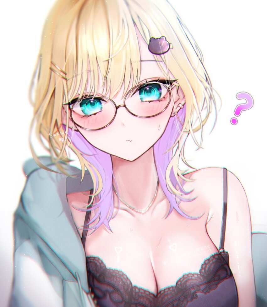 ? aqua_eyes blonde_hair blue_hoodie blush bra breasts cleavage colored_inner_hair eye_piercing glasses hair_ornament hairpin highres hood hood_down hoodie jewelry kurumi_noah large_breasts looking_at_viewer multicolored_hair necklace purple_hair sanada_nagi simple_background two-tone_hair underwear virtual_youtuber vspo! white_background wolf_cut