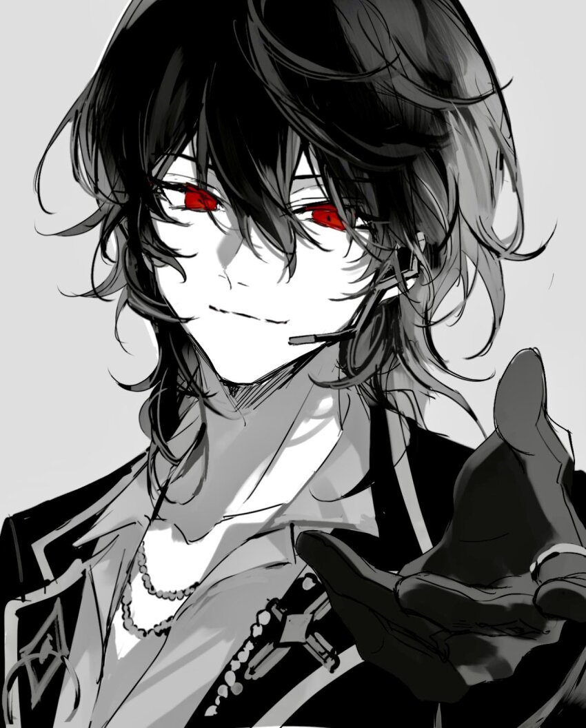 1boy bead_necklace beads black_hair closed_mouth ensemble_stars! gloves greyscale hair_between_eyes highres jacket jewelry light_smile looking_at_viewer male_focus medium_hair monochrome necklace nozz177 portrait reaching reaching_towards_viewer red_eyes sakuma_rei_(ensemble_stars!) shirt simple_background solo spot_color wavy_hair