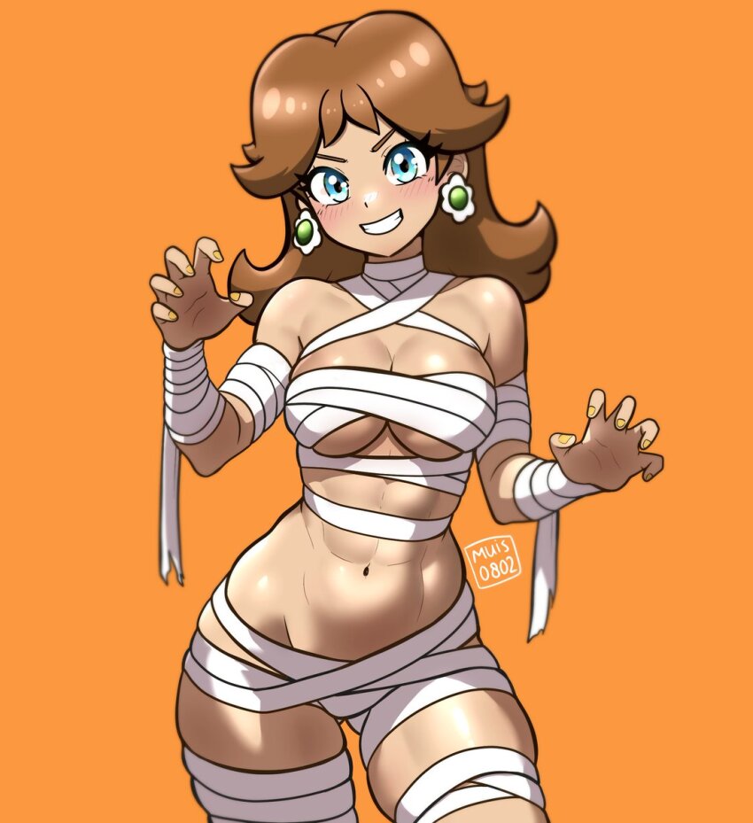 1girl artist_logo blue_eyes blush breasts brown_hair commentary earrings english_commentary eyelashes flipped_hair flower_earrings grin halloween_costume highres jewelry logo looking_at_viewer mario_(series) medium_hair muis0802 naked_ribbon navel nintendo orange_background princess_daisy ribbon simple_background smile solo standing