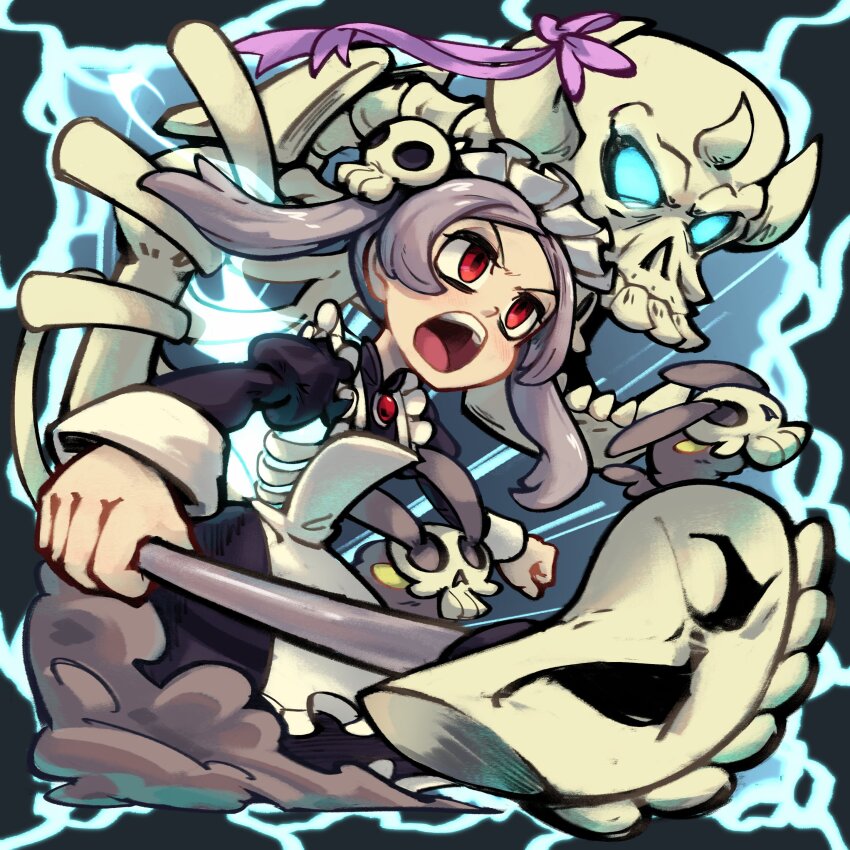 1girl absurdres apron black_background bloody_marie_(skullgirls) brooch dust_bunny_(skullgirls) energy grey_hair hair_ornament highres jewelry maid_apron maid_headdress onozawa_(buresu21) open_mouth red_eyes ribs skeleton skull skull_hair_ornament skullgirls solo twintails vacuum_cleaner