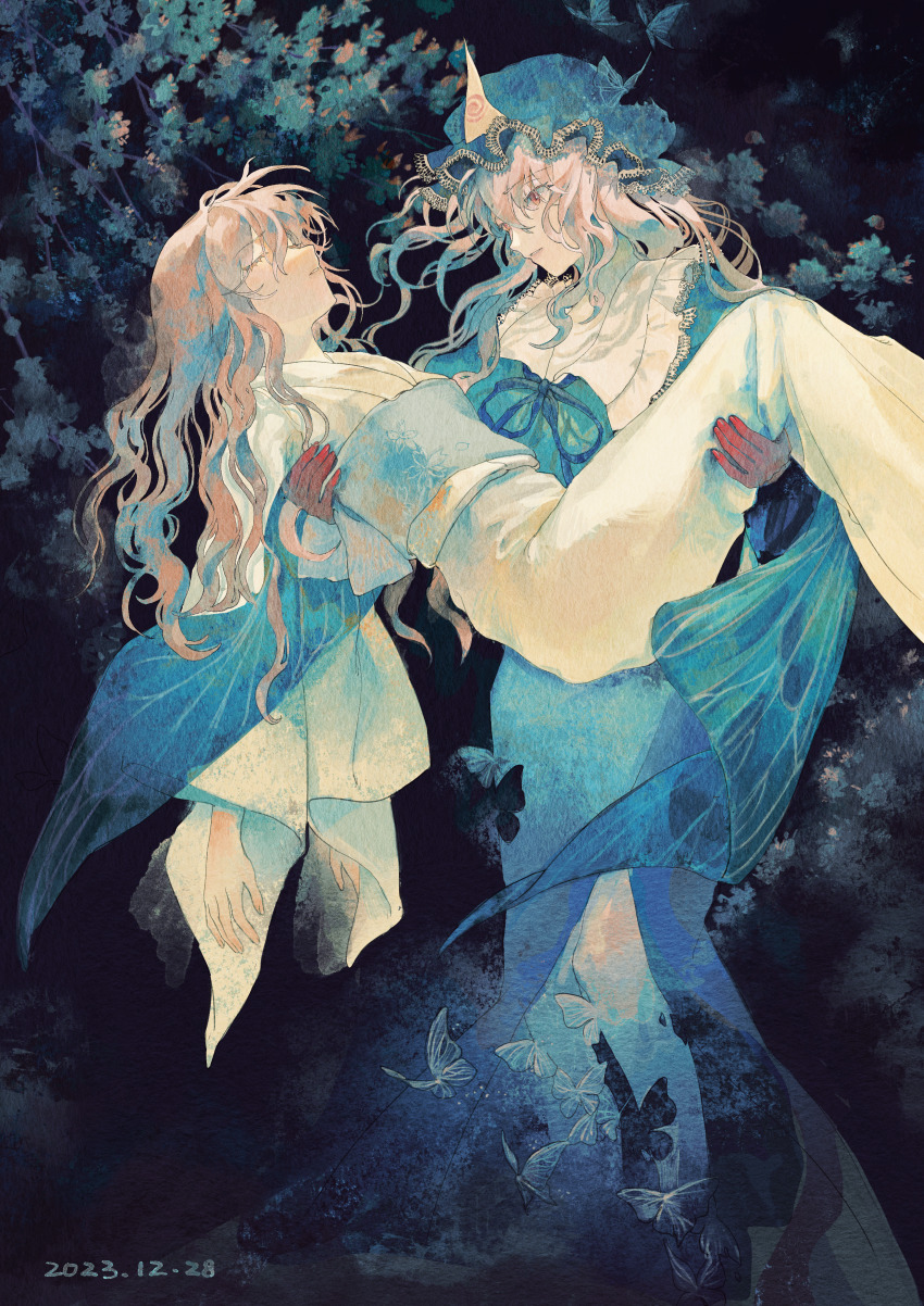 2girls @_(symbol) absurdres blood blood_on_hands blue_bow blue_butterfly blue_hat blue_kimono bow bowtie branch bug butterfly carrying carrying_person cherry_blossoms closed_eyes closed_mouth collar collared_dress curly_hair dress frilled_hat frilled_kimono frilled_shirt_collar frills hat highres insect japanese_clothes kimono long_hair looking_at_another medium_hair mob_cap multiple_girls obi open_mouth pink_hair saigyouji_yuyuko saigyouji_yuyuko_(living) sash spiral teeth touhou triangular_headpiece white_collar wide_sleeves xianyu_liang