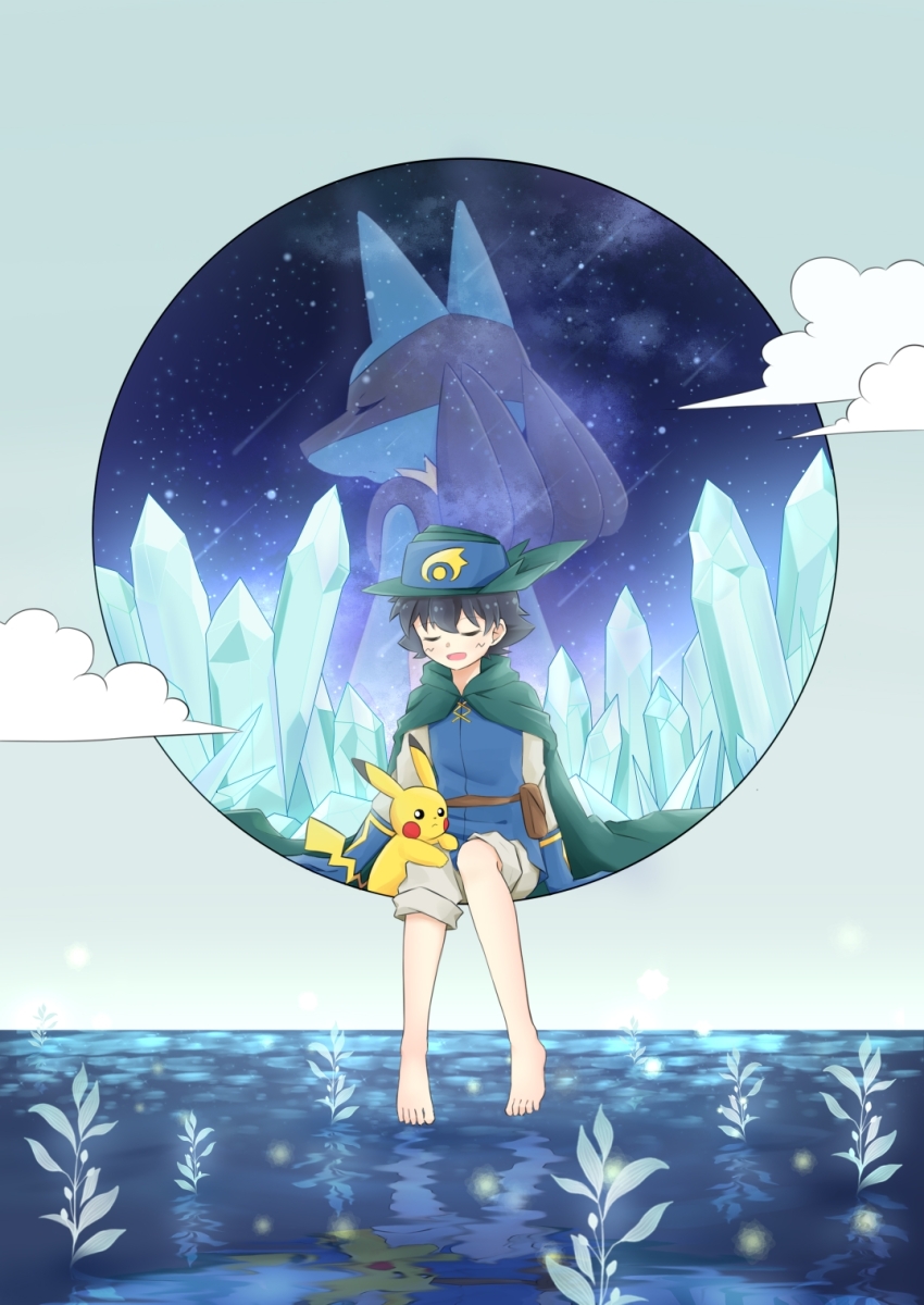 1boy 78628205 ash_ketchum barefoot black_eyes black_hair blue_hat bright_pupils cape closed_eyes cloud commentary cosplay crystal english_commentary facial_mark feet gen_1_pokemon gen_4_pokemon hat highres lucario male_focus nintendo open_mouth pikachu pokemon pokemon:_lucario_and_the_mystery_of_mew pokemon_(anime) pokemon_(creature) pokemon_rse_(anime) reflection reflective_water shorts sir_aaron sir_aaron_(cosplay) sitting toes water white_pupils