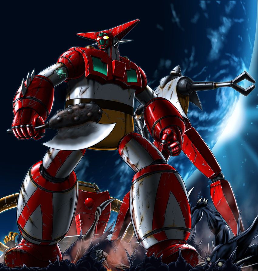 alien arm_blade axe back-to-back corpse damaged earth_(planet) epic getter-1 getter-2 getter-3 getter_robo highres mecha mecha_focus monster moon no_humans planet retro_artstyle robot rust science_fiction shin_getter_robo space super_robot weapon