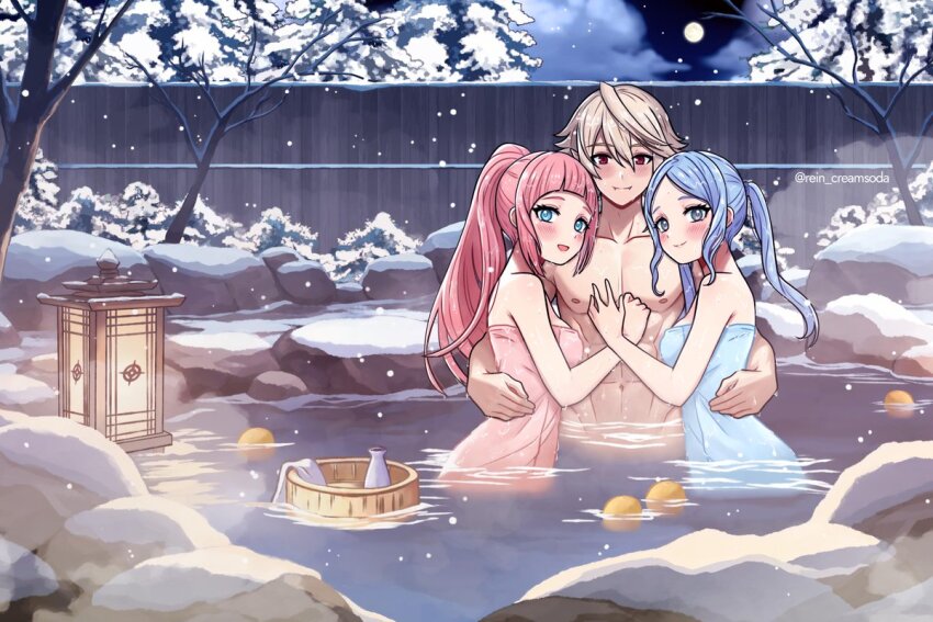blonde_hair blue_hair male_corrin_(fire_emblem) felicia_(fire_emblem) fire_emblem fire_emblem_fates flora_(fire_emblem) moon night night_sky nintendo onsen pink_hair ponytail sky snow snowing towel twintails