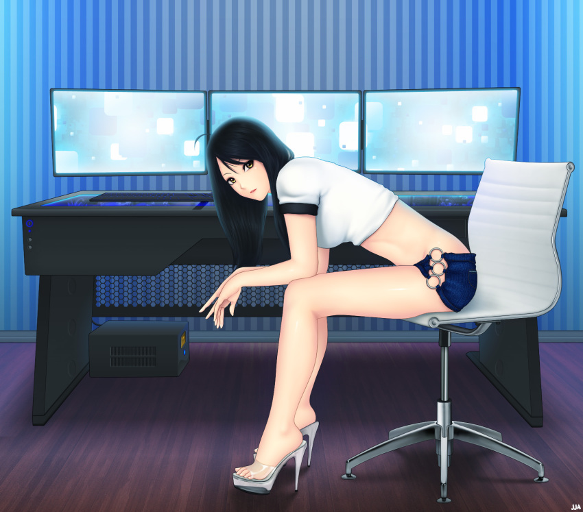 1girl ahoge aithne_(khalitzburg) bare_legs black_hair blue_background brown_eyes computer display feet female_focus from_side high_heels highres indoors khalitzburg_(user_2274420) leaning_forward legs long_hair long_legs looking_at_viewer monitor no_panties o-ring o-ring_bottom original parted_lips platform_footwear platform_heels platform_sandals sandals shirt short_shorts short_sleeves shorts sitting solo stiletto_heels striped_background thighs toes vertical_stripes wall white_shirt