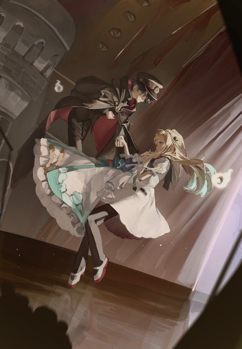 1boy 1girl aqua_hair black_cloak black_hair black_hat black_jacket black_pants black_pantyhose black_sailor_collar blonde_hair cloak curtains dress dutch_angle floating gakuran gakuseibou gradient_hair hanako_(jibaku_shounen_hanako-kun) hat highres holding holding_hands holding_unworn_clothes holding_unworn_dress hood hooded_cloak indoors jacket jibaku_shounen_hanako-kun long_hair looking_at_another multicolored_hair o_suna pants pantyhose peaked_cap pillar puffy_short_sleeves puffy_sleeves sailor_collar school_uniform serafuku shoes short_hair short_sleeves two-tone_hair unworn_dress uwabaki white_dress yashiro_nene