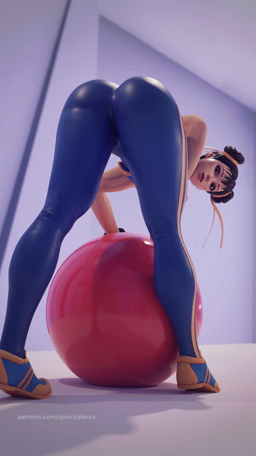 1girl 3d artist_name ass ball bent_over blender_(medium) blue_bodysuit bodysuit brown_eyes brown_hair cameltoe capcom chun-li double_bun exercise_ball fortnite hair_bun highres indoors looking_at_viewer muscular muscular_female patreon_username shadow shoes skin_tight sneakers solo spluckytama street_fighter thick_thighs thighs