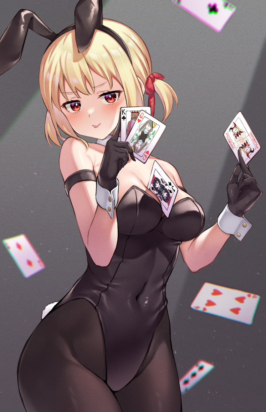 1girl :p absurdres alternate_costume animal_ears arm_strap bare_shoulders between_breasts between_fingers black_gloves black_leotard black_pantyhose blonde_hair blush breasts card card_between_breasts card_between_fingers cleavage covered_navel detached_collar fake_animal_ears floating_card gloves grey_background hair_ribbon highres holding jack_(playing_card) jack_of_spades joker_(playing_card) king_(playing_card) king_of_clubs large_breasts leotard light_particles looking_at_viewer lycoris_recoil nishikigi_chisato pantyhose pizza_(pizzania_company) playboy_bunny playing_card queen_(playing_card) queen_of_hearts_(playing_card) rabbit_ears rabbit_tail red_eyes ribbon short_hair short_twintails solo tail tongue tongue_out twintails v-shaped_eyebrows wrist_cuffs