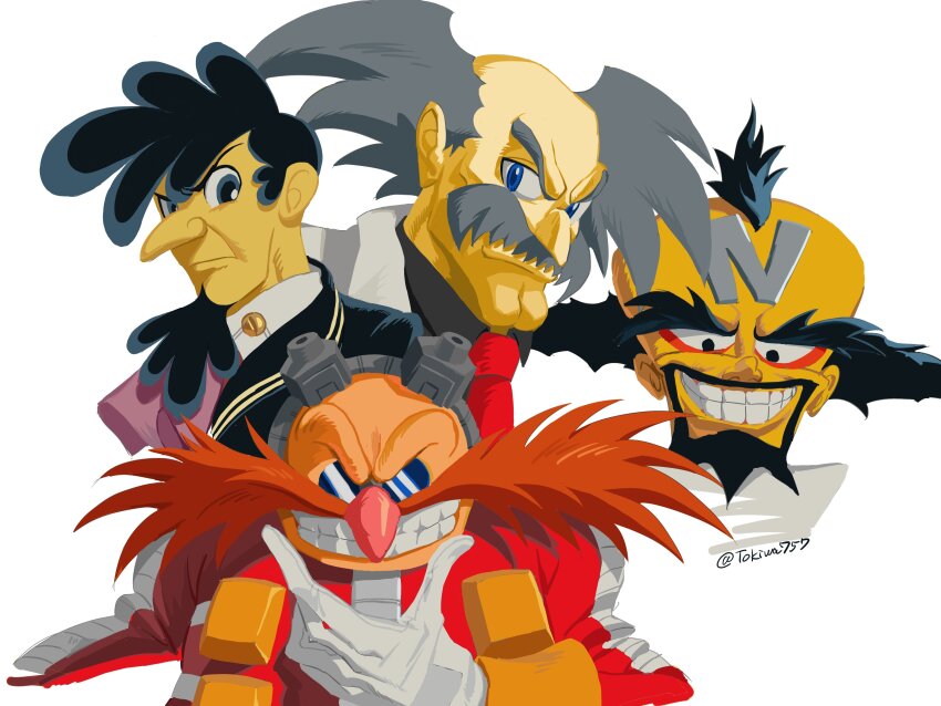 4boys absurdres black_hair blue_eyes colored_skin commentary_request crash_bandicoot_(series) crossover dr._eggman dr._wily_(mega_man) evil_grin evil_smile facial_hair glasses goggles goggles_on_head grey_hair grin highres looking_at_viewer male_focus mega_man_(classic) mega_man_(series) multiple_boys multiple_crossover mustache neo_cortex old old_man orange_hair simple_background smile sonic_(series) tenma_umatarou tetsuwan_atom tokiwa757 upper_body white_background yellow_skin