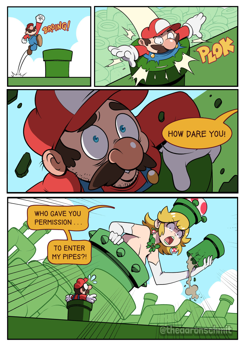 1boy 1girl aaron_schmit absurdres angry blonde_hair breasts crown english_text facial_hair giant giantess hat highres jumping large_breasts lipstick makeup mario mario_(series) mustache nintendo open_mouth overalls pipe pipette piranha_plant princess_pipe scared size_difference speech_bubble super_mario_bros._3 surprised tall_female transformation