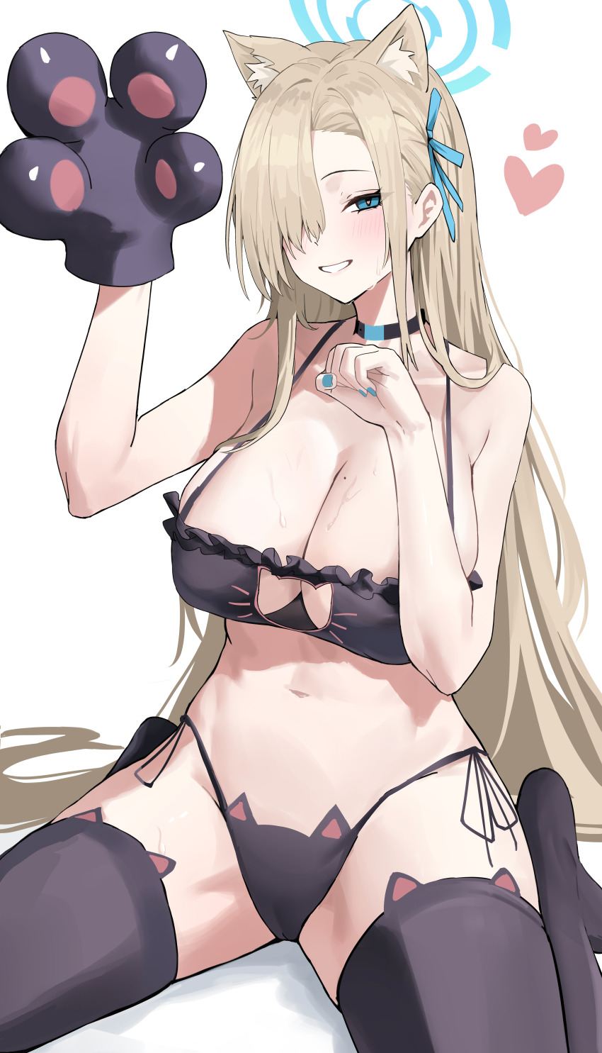 1girl absurdres alternate_costume animal_ear_fluff animal_ears asuna_(blue_archive) bare_arms bare_shoulders belly black_bra black_choker black_panties black_thighhighs blonde_hair blue_archive blue_eyes blue_nails blue_ribbon blush bra breasts cat_ears cat_girl cat_lingerie cat_paw choker cleavage commentary grin hair_over_one_eye hair_ribbon highres kneeling large_breasts long_hair looking_at_viewer meme_attire navel official_alternate_hairstyle panties paw_pose ribbon sidelocks smile solo thighhighs underwear yuku~
