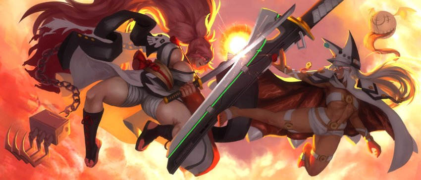 2girls absurdres baiken barefoot battle belt_bra breasts clash claw_(weapon) cleavage clenched_teeth cloak dark-skinned_female dark_skin dudeunderscore glowing glowing_eyes guilty_gear guilty_gear_xrd highres huge_weapon japanese_clothes katana large_breasts long_hair midair multiple_girls open_mouth pink_hair ponytail ramlethal_valentine short_shorts shorts silver_hair sword teeth toeless_footwear very_long_hair weapon