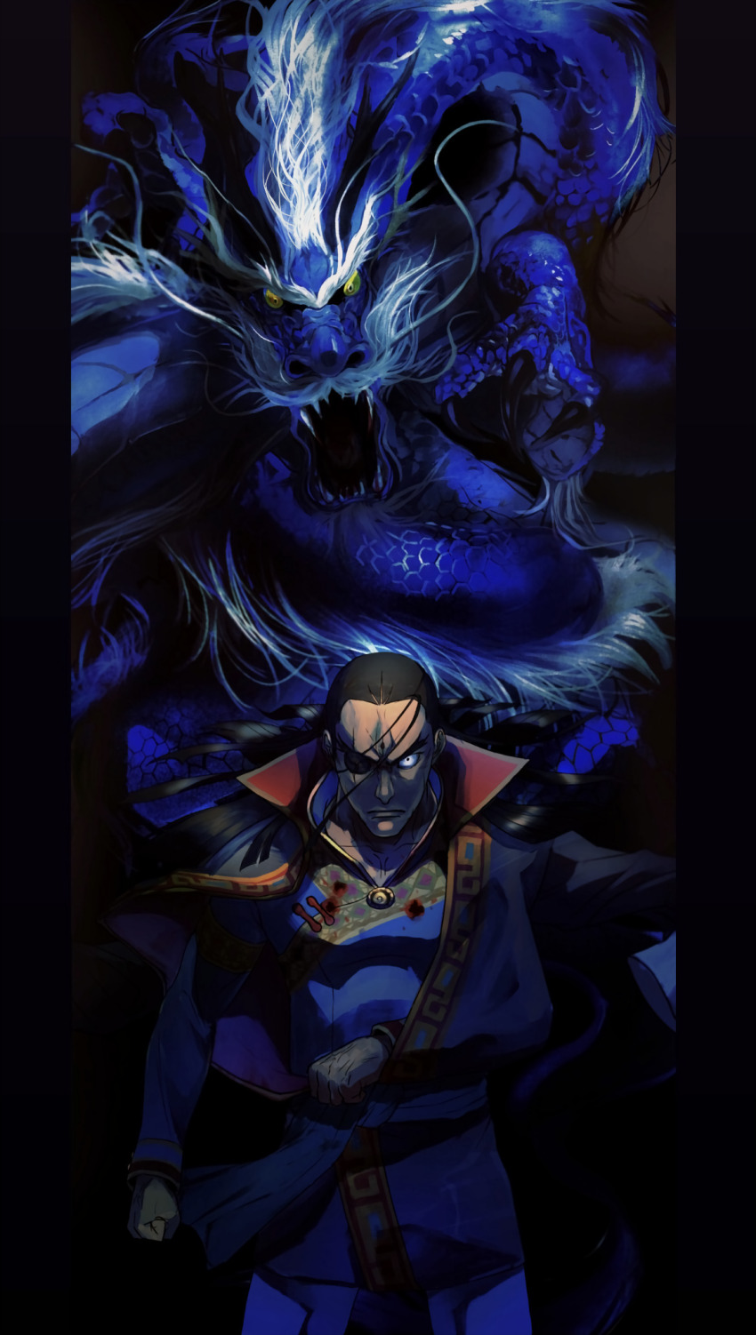 1boy ace_attorney black_hair blood blood_on_clothes blue_pants clenched_hand dhurke_sahdmadhi dragon eyepatch glaring gunshot_wound high_collar highres injury looking_at_viewer male_focus medium_hair pants phoenix_wright:_ace_attorney_-_spirit_of_justice pillarboxed sano_(hospital_0434) scar scar_across_eye scar_on_face solo spoilers yellow_eyes