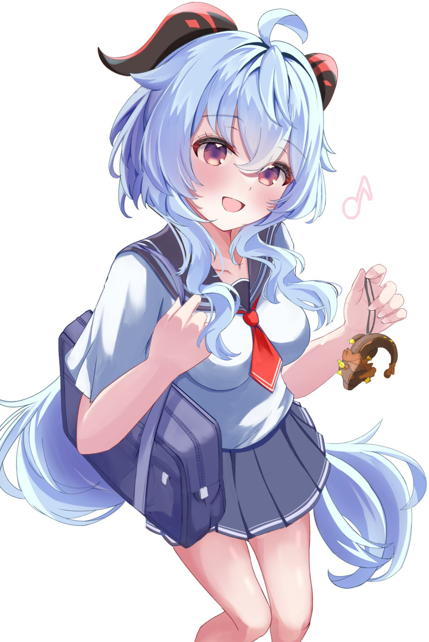 1girl :d alternate_costume azhdaha_(genshin_impact) bag blue_hair blue_skirt blush breasts commentary_request cowboy_shot ganyu_(genshin_impact) genshin_impact goat_horns hair_between_eyes hands_up hawaiian_shirt head_tilt highres horns light_blue_hair long_hair looking_at_viewer medium_breasts moni_(moni7475) musical_note necktie open_mouth purple_eyes red_necktie shirt shoulder_bag simple_background skirt smile solo very_long_hair white_background white_shirt
