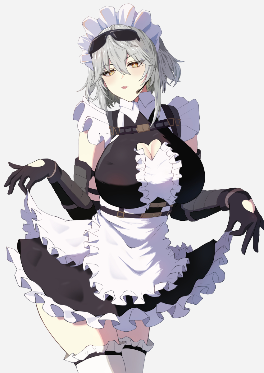 1girl absurdres apron black_dress black_gloves breasts center_frills chest_belt cleavage cleavage_cutout closed_mouth clothing_cutout dress elbow_gloves frilled_skirt frilled_thighhighs frills gloves grey_hair heart_cutout highres large_breasts looking_at_viewer maid maid_apron maid_headdress meibin short_hair_with_long_locks skirt thighhighs virtual_youtuber vshojo white_background white_headdress white_thighhighs yellow_eyes zentreya zentreya_(cyborg)