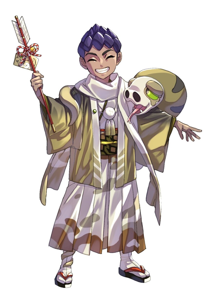 1boy alternate_costume arrow_(projectile) black_footwear closed_eyes commentary_request dark-skinned_male dark_skin gen_8_pokemon grin highres holding holding_arrow hop_(pokemon) jacket komame_(st_beans) male_focus nintendo outstretched_arm pokemon pokemon_(creature) pokemon_on_arm pokemon_swsh protected_link purple_hair sandals short_hair silicobra simple_background smile socks standing teeth white_background white_socks wide_sleeves