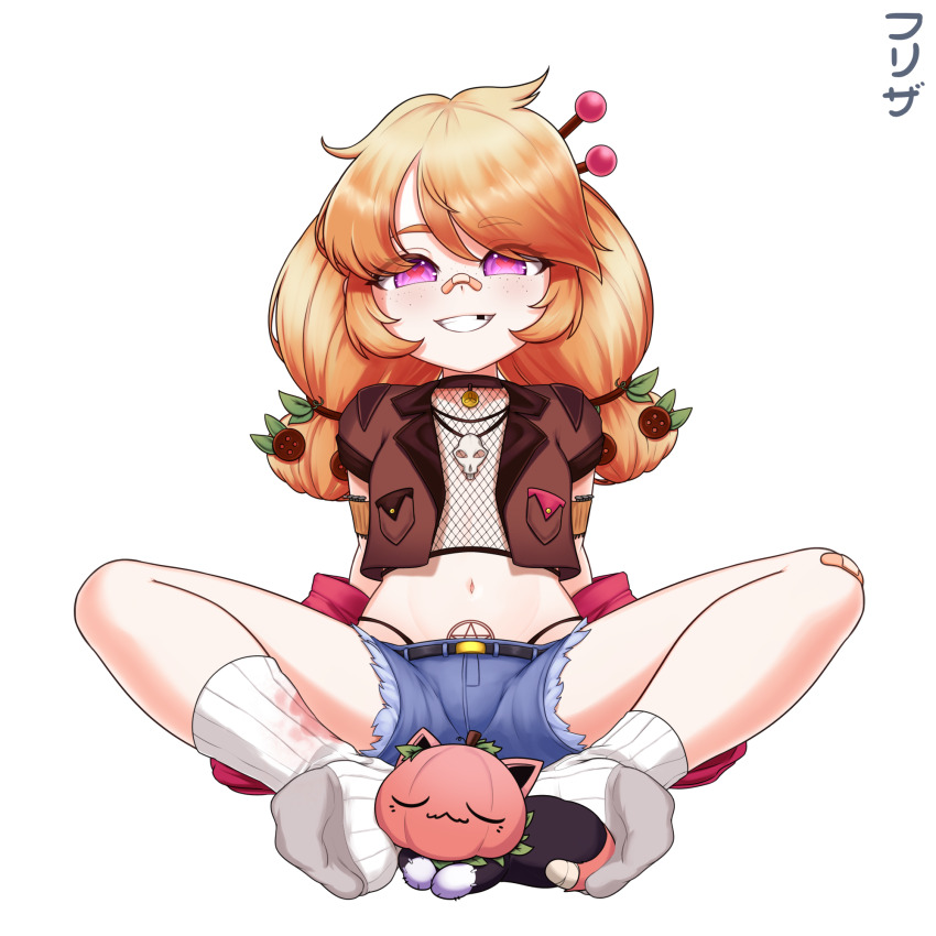 1girl bandaid bandaid_on_face bandaid_on_knee bandaid_on_leg bandaid_on_nose belt black_belt black_panties blonde_hair blue_shorts brown_vest button_hair_ornament commentary cropped_vest denim denim_shorts efreezerarts english_commentary feet fishnet_top fishnets freckles full_body grin highres immy_bisou jacket jewelry long_hair looking_at_viewer nail_(hardware) navel necklace no_shoes open_clothes open_mouth open_vest panties panty_straps pentagram_tattoo pink_jacket pink_pupils pubic_tattoo purple_eyes short_sleeves shorts simple_background sitting skull_necklace smile socks solo spread_legs stuffed_animal stuffed_toy symbol-shaped_pupils tattoo teeth tooth_gap twintails underwear vallure vest virtual_youtuber white_background white_socks x-shaped_pupils