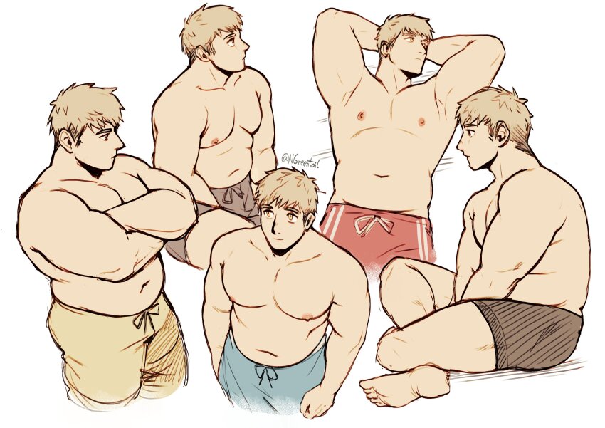 1boy absurdres arms_behind_head artist_name bara blue_male_swimwear broad_shoulders brown_male_swimwear crossed_arms dungeon_meshi highres laios_touden large_pectorals looking_afar looking_up male_focus male_swimwear multiple_views muscular muscular_male nifast_(greentail) nipples pectorals plump red_male_swimwear signature simple_background sitting thick_eyebrows white_background yellow_male_swimwear