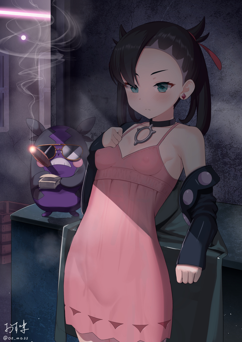 1girl absurdres against_wall aqua_eyes arm_support asymmetrical_bangs banknote black_choker black_hair black_jacket blush breasts building choker cigar closed_mouth collarbone counting_money covered_erect_nipples cowboy_shot dress ear_piercing earrings expressionless gen_8_pokemon hair_ribbon hand_on_own_chest highres holding jacket jewelry leaning_back long_hair long_sleeves looking_at_viewer marnie_(pokemon) money morpeko morpeko_(hangry) nintendo off_shoulder open_clothes open_jacket outdoors oz_ma33 pendant_choker piercing pimp pink_dress pokemon pokemon_(creature) pokemon_swsh revision ribbon short_dress single_bare_shoulder small_breasts smile smoke smoking sundress sunglasses twintails two_side_up