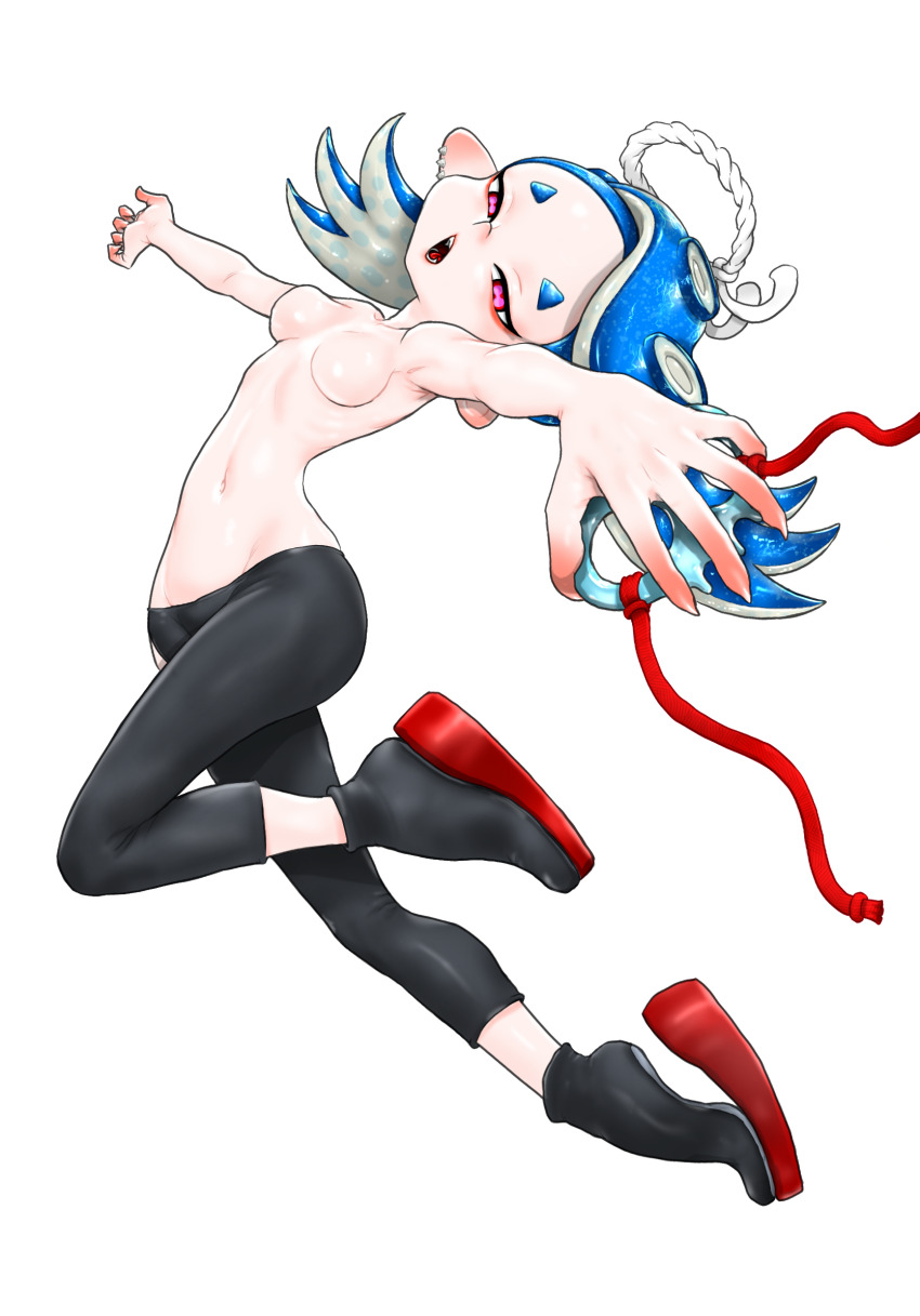 1girl black_footwear black_leggings blue_hair cephalopod_eyes charm_(object) chestnut_mouth clothing_cutout groin highres holding holding_charm horizontal_pupils jika-tabi jumping koharu2.5 leggings long_hair looking_at_viewer lowleg lowleg_pants multicolored_footwear multiple_piercings narrowed_eyes nintendo no_nipples octoling open_mouth outstretched_arms pants pink_pupils reaching red_footwear rope sarashi shimenawa shiver_(deep_cut_outfit)_(splatoon) shiver_(splatoon) simple_background splatoon_(series) spread_arms tentacle_hair thigh_cutout topless_female white_background