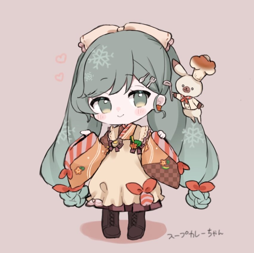 1girl apron blush boots brown_boots brown_kimono chibi fork_hair_ornament green_eyes green_hair hatsune_miku heart highres holding holding_ladle japanese_clothes kappougi kimono ladle long_hair maro_maro_3939 rabbit_yukine smile snowflakes solo spoon_hair_ornament twintails very_long_hair vocaloid yuki_miku yuki_miku_(2024)