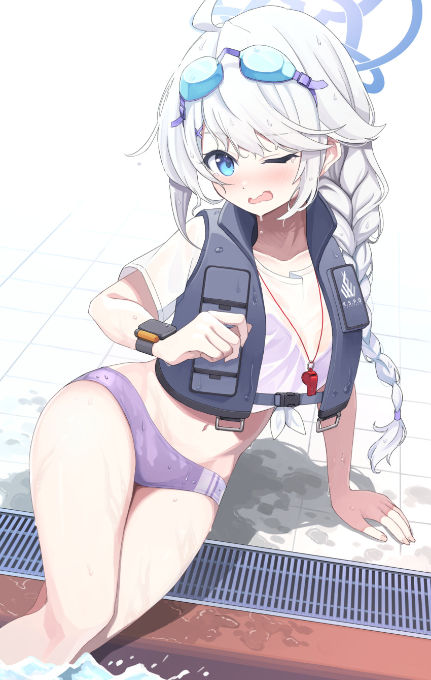 1girl ahoge bikini blue_archive blue_eyes blue_halo blush braid breasts eyewear_on_head goggles goggles_on_head halo highres kirino_(blue_archive) kirino_(swimsuit)_(blue_archive) long_hair looking_at_viewer official_alternate_costume one_eye_closed open_mouth poolside purple_bikini see-through_clothes see-through_shirt shirousagi_una shirt short_sleeves single_braid sitting small_breasts solo swimsuit tied_shirt vest wet whistle whistle_around_neck white_background white_hair white_shirt