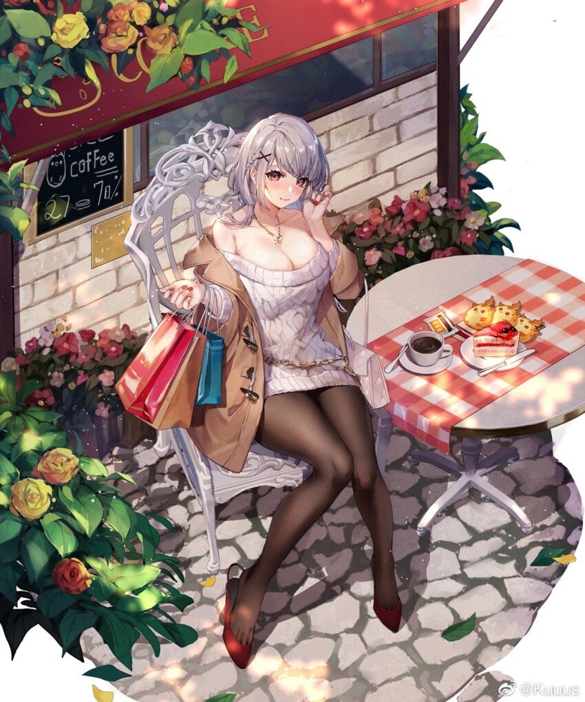 adjusting_hair bag black_pantyhose breasts brown_coat brown_eyes cafe cake cake_slice casual chain chain_belt character_request chinese_commentary cleavage closed_mouth coat cobblestone coffee collarbone collared_coat commentary_request cookie cup dress eternal_tree eyelashes flower food fork gold_chain gold_necklace hair_ornament hairclip high_heels highres jewelry knife kuuus lapels large_breasts light_blush light_particles necklace notched_lapels off-shoulder_dress off_shoulder official_art on_chair open_clothes open_coat orange_flower orange_rose pantyhose red_flower red_rose red_shoes rose saucer see-through_pantyhose shoes shopping_bag short_hair_with_long_locks sitting smile sweater sweater_dress table teacup tree watermark weibo_watermark white_background white_hair white_sweater x_hair_ornament yellow_flower yellow_rose