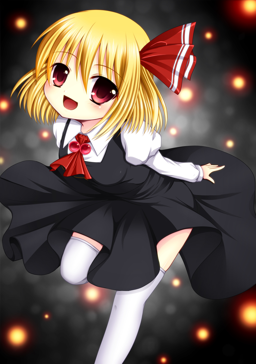 1girl absurdres asazuki_kanai blonde_hair blush bow embodiment_of_scarlet_devil female_focus gradient_background hair_bow highres kanai_amachi leg_up open_mouth red_eyes rumia short_hair smile solo thighhighs touhou white_thighhighs