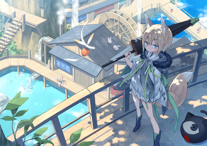 3girls animal_ear_fluff animal_ears architecture arm_at_side black_footwear blonde_hair blue_eyes boots creature dress fox_ears fox_girl fox_tail fur-trimmed_jacket fur_trim green_ribbon grey_dress hair_between_eyes highres holding holding_umbrella jacket kuroino_(poco) lantern looking_at_viewer microdress momiji_(poko) momoyama_tsutsune multiple_girls oil-paper_umbrella original outdoors paper_lantern poco_(asahi_age) rabbit railing ribbon shiratama_kitsune short_hair sky solo_focus standing steam tail tree umbrella water water_wheel white_jacket