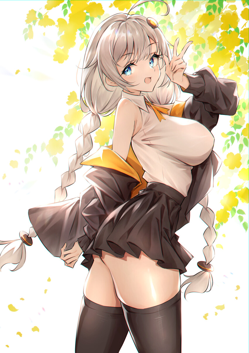 1girl absurdres ahoge arm_behind_back ass_peek bare_shoulders black_jacket black_skirt black_thighhighs blue_eyes braid breasts collared_shirt cowboy_shot eyelashes falling_petals flower from_side grey_hair hair_ornament hand_up highres jacket jacket_partially_removed kizuna_akari large_breasts long_hair looking_at_viewer looking_to_the_side low_twin_braids miniskirt neck_ribbon open_clothes open_jacket open_mouth petals plant pleated_skirt ribbon shiraiwa_usagi shirt shirt_tucked_in sideways_glance skindentation skirt sleeveless sleeveless_shirt smile solo standing swept_bangs thighhighs thighs twin_braids v very_long_hair voiceroid white_shirt yellow_flower yellow_ribbon