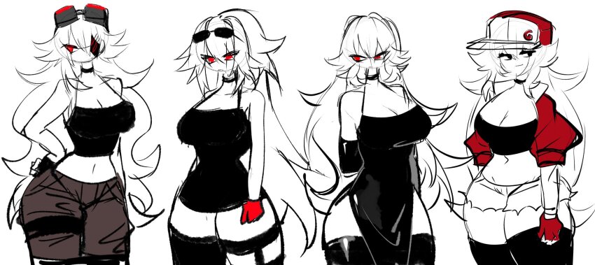 angry asymmetrical_legwear aviator_sunglasses baseball_cap black_eyes breasts cleavage cocktail_dress crop_top dress eyepatch friday_night_funkin&#039; girlfriend_(friday_night_funkin&#039;) glasses_on_head hat highres jacket large_breasts long_hair looking_at_viewer messy_hair open_clothes open_jacket pants red_eyes red_jacket shorts sketch smile sunglasses sunglasses_on_head tank_top thick_thighs thighhighs thighs usa37107692 very_long_hair wide_hips zettai_ryouiki