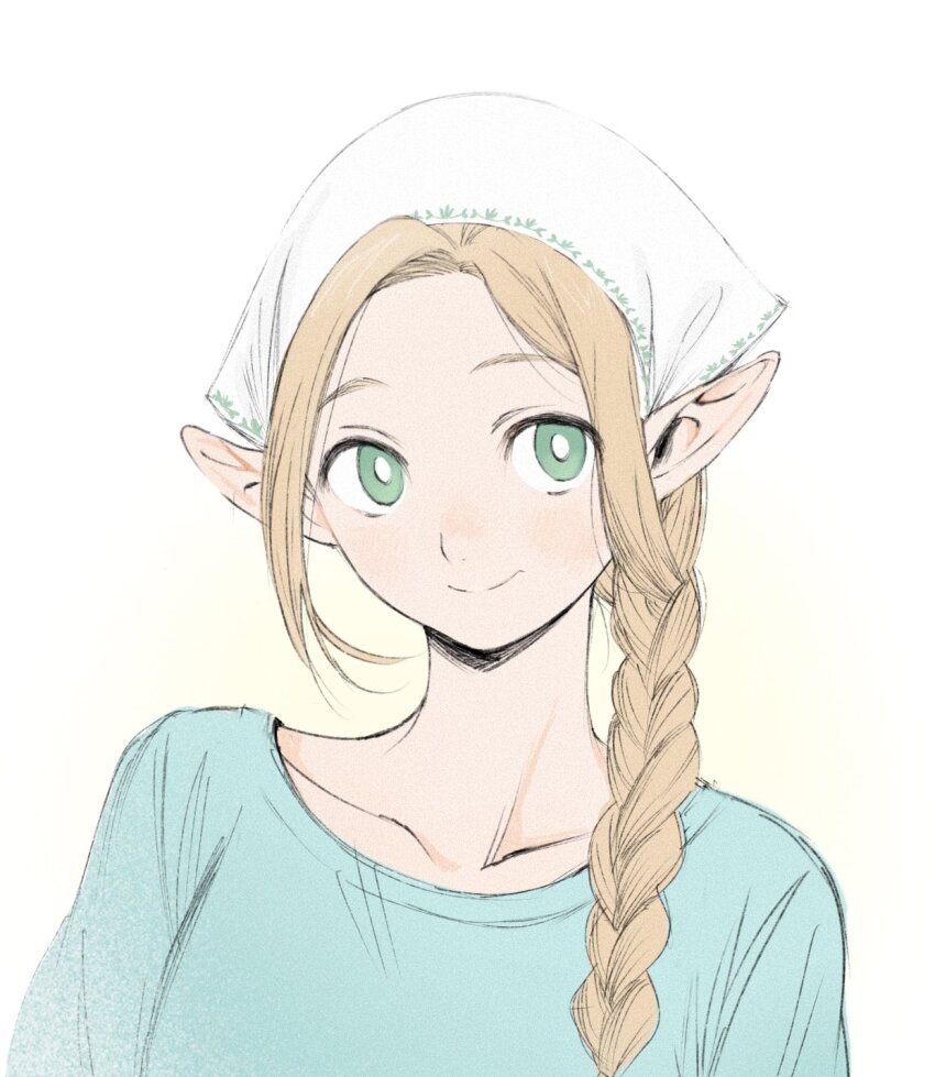 1girl alternate_costume alternate_hairstyle bandana blonde_hair border braid bright_pupils collarbone dungeon_meshi elf frs2 green_eyes highres long_hair looking_at_viewer marcille_donato pointy_ears portrait smile upper_body white_border