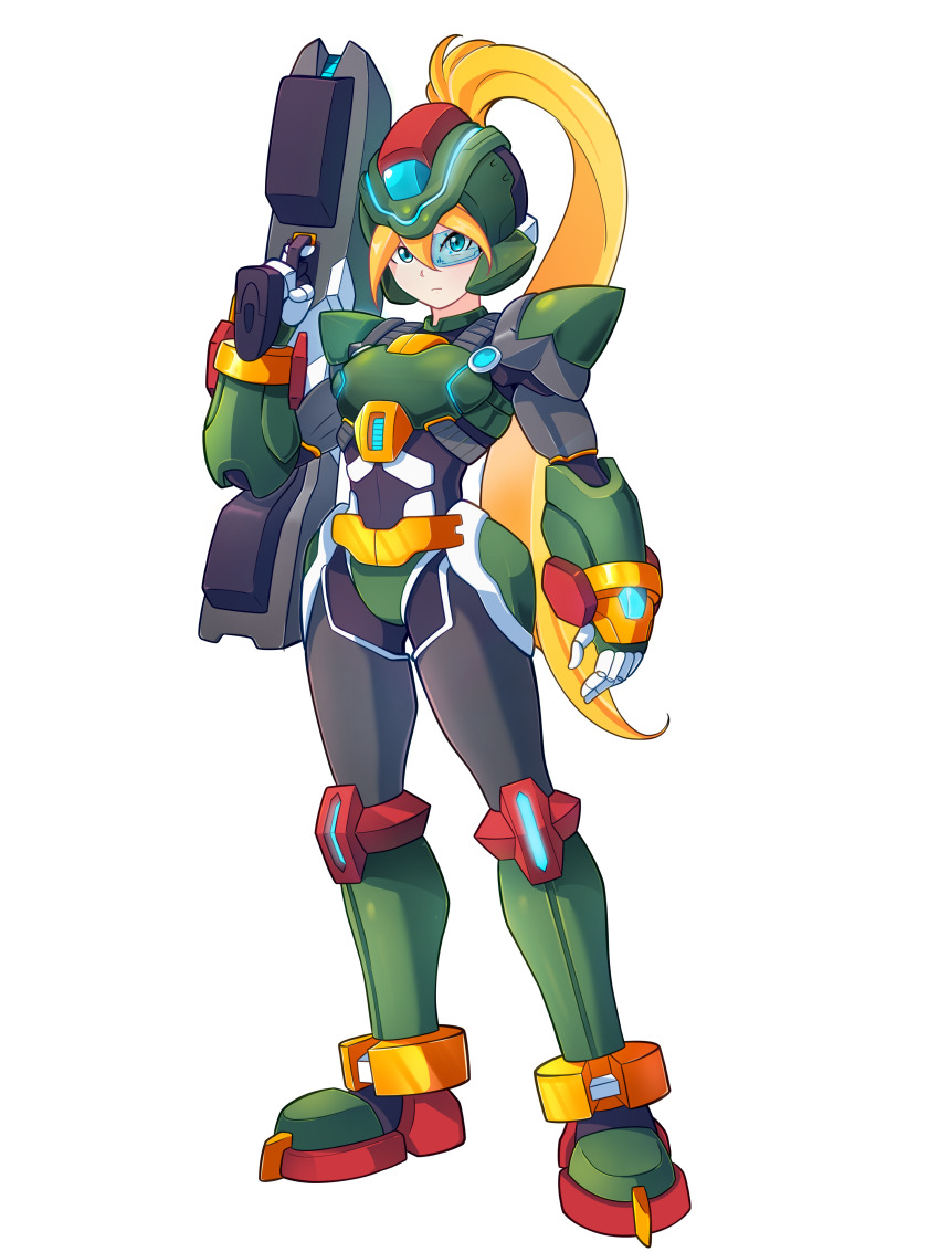 1girl absurdres alternate_costume arm_armor armor armored_boots belt biometal blonde_hair blue_eyes bodystocking boots breasts ciel_(mega_man) codpiece commission commissioner_upload cosplay craft_(mega_man) craft_(mega_man)_(cosplay) energy_gun eyelashes forehead_jewel full_armor full_body gauntlets helmet highres hip_armor knee_pads long_hair mega_man_(series) mega_man_zero_(series) mega_man_zx non-web_source ponytail scouter shoulder_armor small_breasts thigh_armor transparent_background uta_guipiy weapon