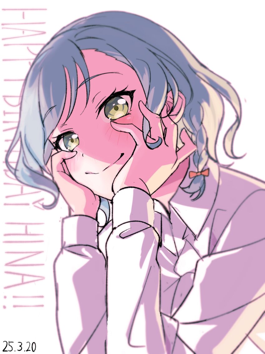 1girl absurdres aqua_hair bang_dream! braid closed_mouth collared_shirt commentary dated dress_shirt green_eyes hands_on_own_face happy_birthday highres hikawa_hina nobusawa_osamu shirt short_hair side_braids simple_background smile solo upper_body white_background white_shirt