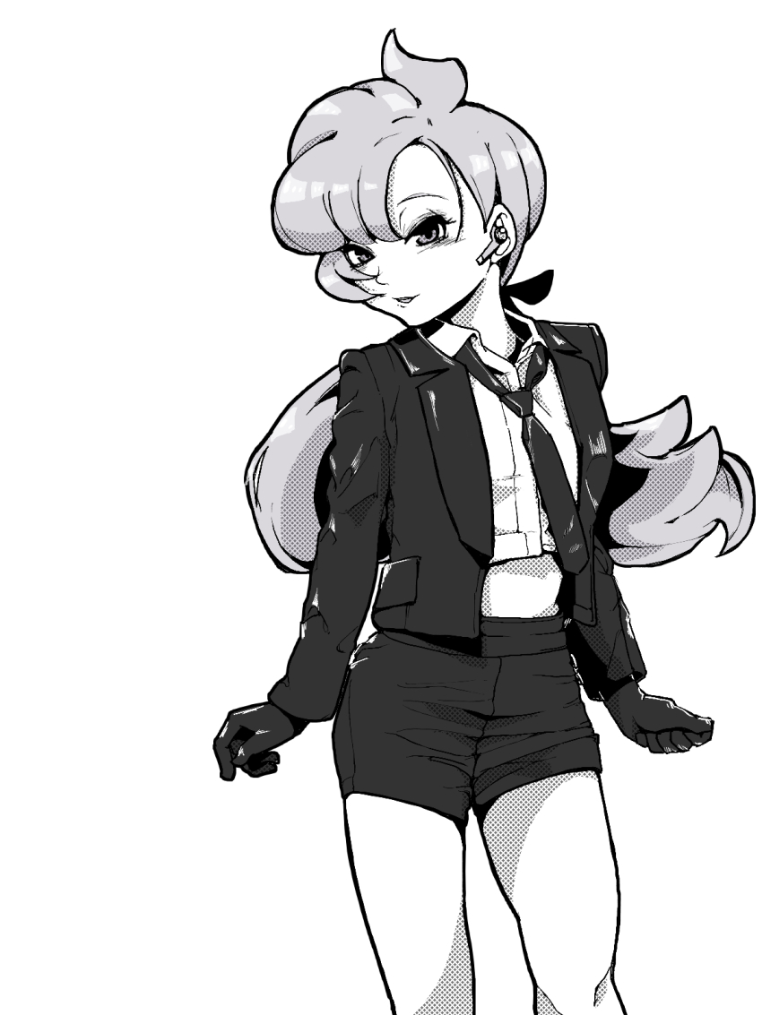 1girl 2049_(hh5566) adapted_costume ahoge anabel_(pokemon) arms_at_sides asymmetrical_bangs black_gloves blouse blush earbuds earphones eyelashes female_focus gloves greyscale highres jacket legs long_hair long_sleeves looking_at_viewer low_ponytail midriff monochrome neck necktie nintendo open_clothes open_jacket parted_lips pokemon pokemon_sm ponytail seductive_smile shirt short_shorts shorts sidelocks smile thighs undone_necktie white_background
