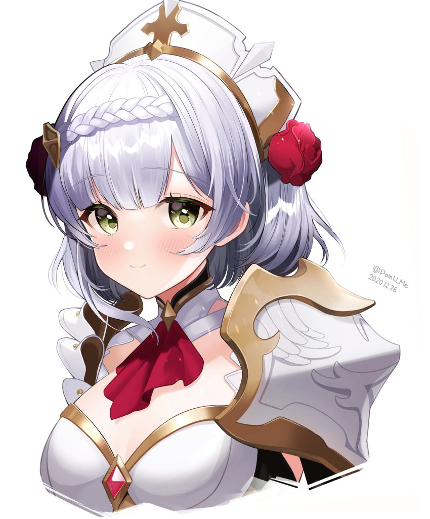 1girl armor armored_dress braid braided_bangs breasts cleavage closed_mouth dress flower genshin_impact green_eyes hair_flower hair_ornament headpiece highres large_breasts looking_at_viewer maid maid_headdress noelle_(genshin_impact) pauldrons pomu_(pomu_me) red_flower red_rose red_skirt rose short_hair shoulder_armor silver_hair skirt smile