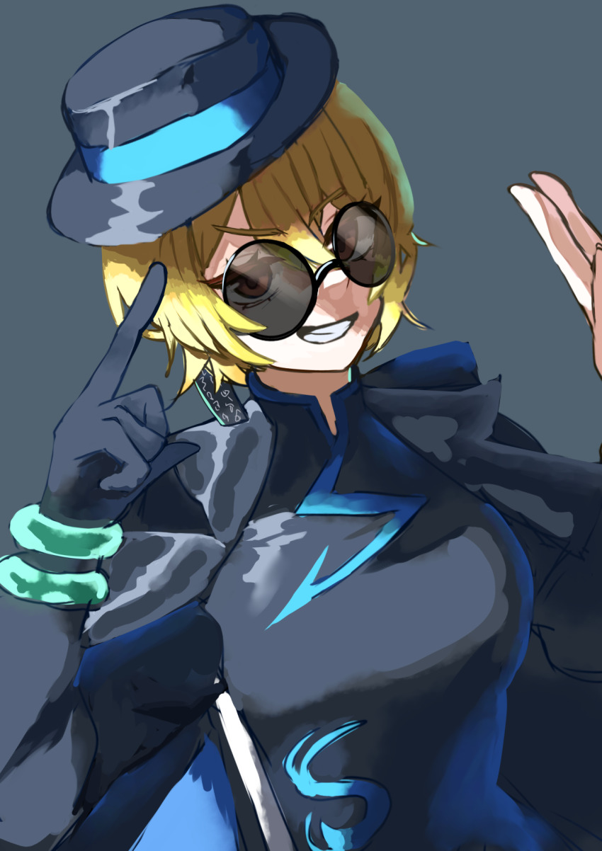 1girl black_coat black_dress black_gloves black_hat blonde_hair bracelet breasts china_dress chinese_clothes coat coat_on_shoulders don_quixote_(project_moon) dress earrings cinq_east_(identity)_(project_moon) gloves grin hat highres jewelry large_breasts limbus_company long_sleeves looking_at_viewer o_koge_pan open_mouth partially_opaque_sunglasses project_moon round_eyewear short_hair simple_background single_earring single_glove smile solo sunglasses teeth tilted_headwear tilted_headwear yellow_eyes