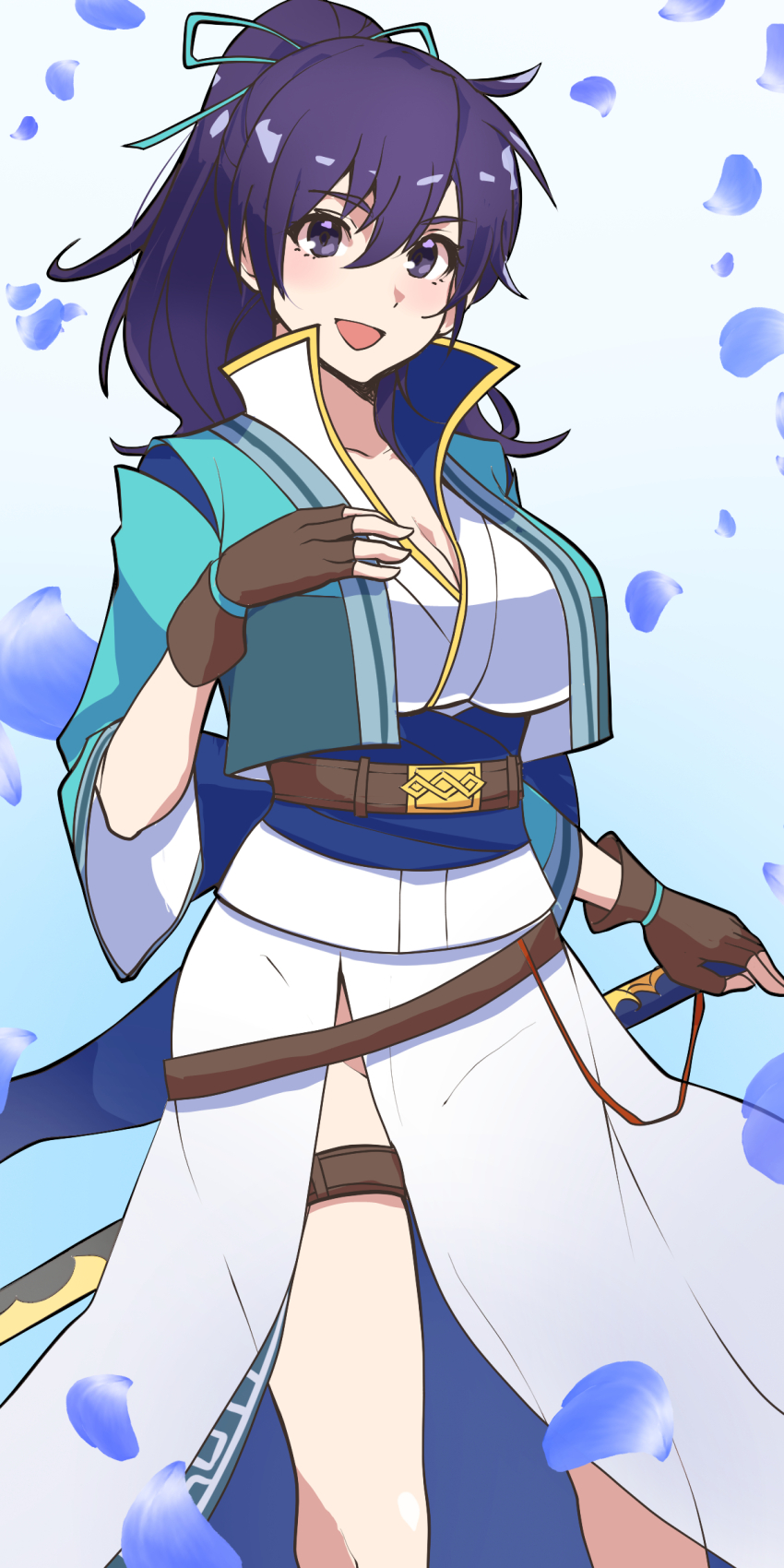 1girl :d absurdres belt blue_petals breasts brown_gloves cleavage cropped_jacket fingerless_gloves fir_(fire_emblem) fir_(swordmaiden)_(fire_emblem) fire_emblem fire_emblem:_the_binding_blade fire_emblem_heroes gloves hair_between_eyes hair_ribbon highres jacket large_breasts long_hair long_sleeves nintendo obi official_alternate_costume open_clothes open_jacket open_mouth petals ponytail purple_eyes purple_hair ribbon sash sheath sheathed side_slit smile solo sword tetsuji_(i_ttj_f_c) weapon