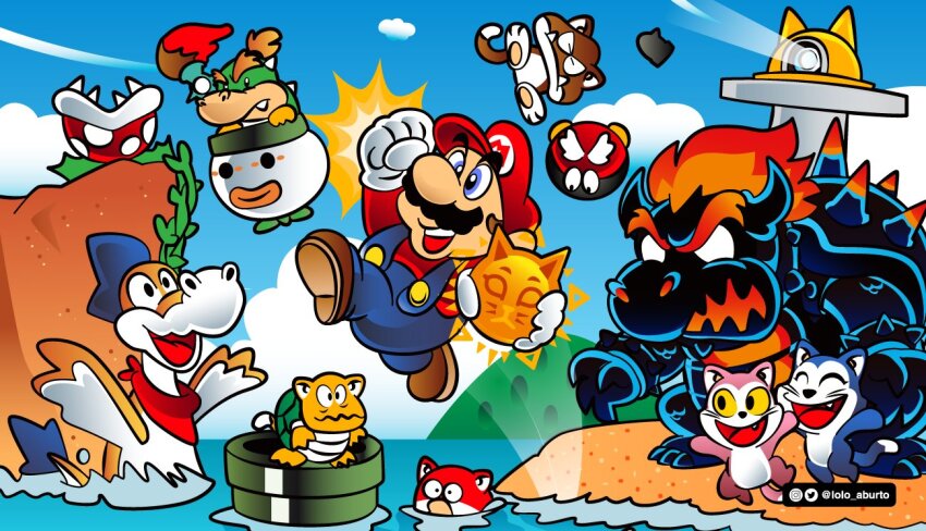 1girl 3boys artist_name bowser bowser_jr. day fury_bowser goomba jumping lolo_aburto mario mario_(series) multiple_boys nintendo ocean parody piranha_plant plessie sand sky smile style_parody super_mario_3d_world super_mario_bros._1 water