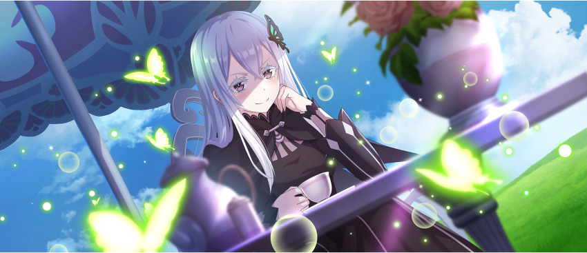 1girl black_capelet black_dress black_eyes blue_sky breasts bright_pupils bug butterfly butterfly_hair_ornament capelet chair closed_mouth cloud cloudy_sky colored_eyelashes crossover cup day double-parted_bangs dress echidna_(re:zero) eyelashes flower game_cg glowing_butterfly grass green_butterfly hair_between_eyes hair_ornament hand_on_own_cheek hand_on_own_face highres holding holding_cup insect kono_subarashii_sekai_ni_shukufuku_wo! konosuba!_fantastic_days long_dress long_hair long_sidelocks long_sleeves looking_at_viewer medium_breasts official_art on_chair outdoors pale_skin patio_umbrella pink_flower pink_rose re:zero_kara_hajimeru_isekai_seikatsu rose saucer shaded_face sidelocks sky smile solo table tea_party tea_set teacup teapot umbrella v-shaped_eyebrows vase very_long_hair white_eyelashes white_hair white_pupils witch